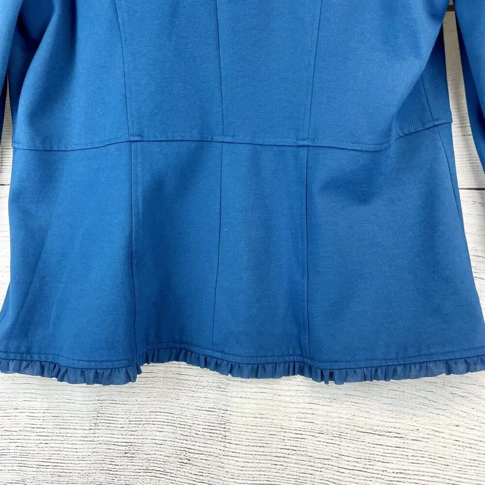 Chico's Teal Blue Blazer Jacket Ruffle Trim Lined Size 1 US M/8